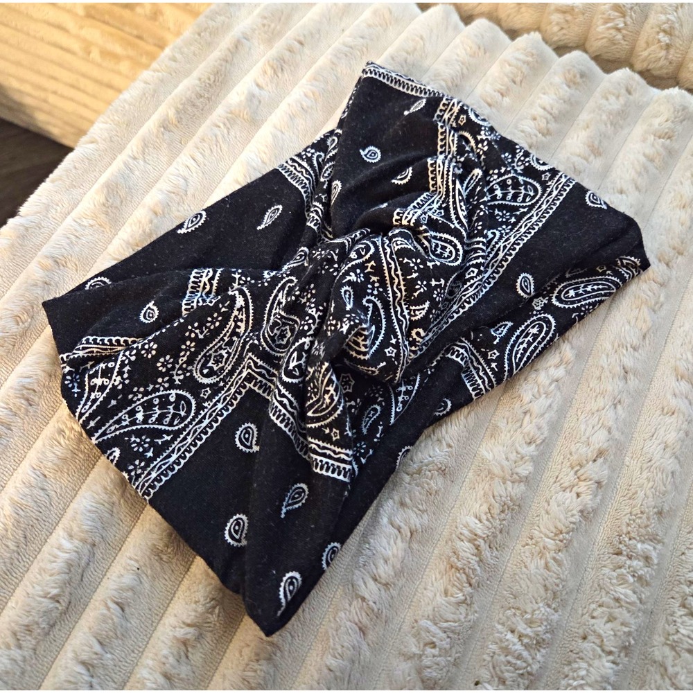 Black Paisley Twisted Knot Headband Wide Bandana Stretch Yoga Turban Headwrap